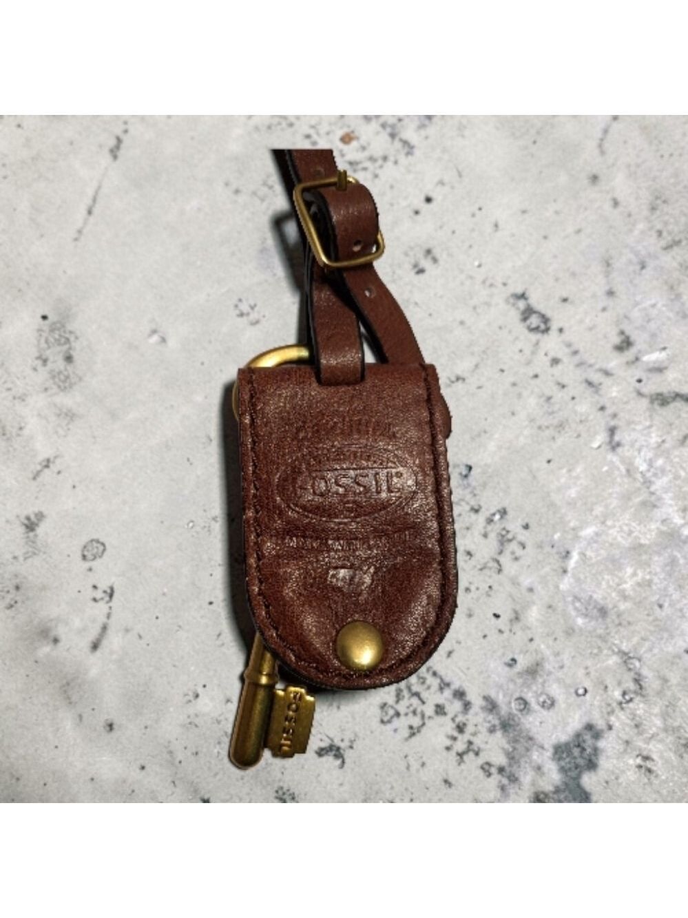 Fossil Brown Leather Hangtag Luggage Tag Key Holder with Brass Accents
